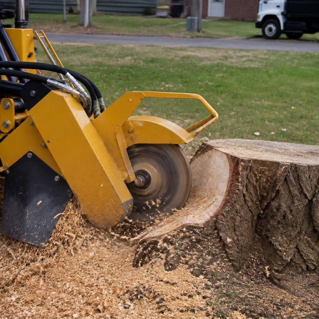Grinder flattening exposed cottonwood surface roots in a Utah lawn