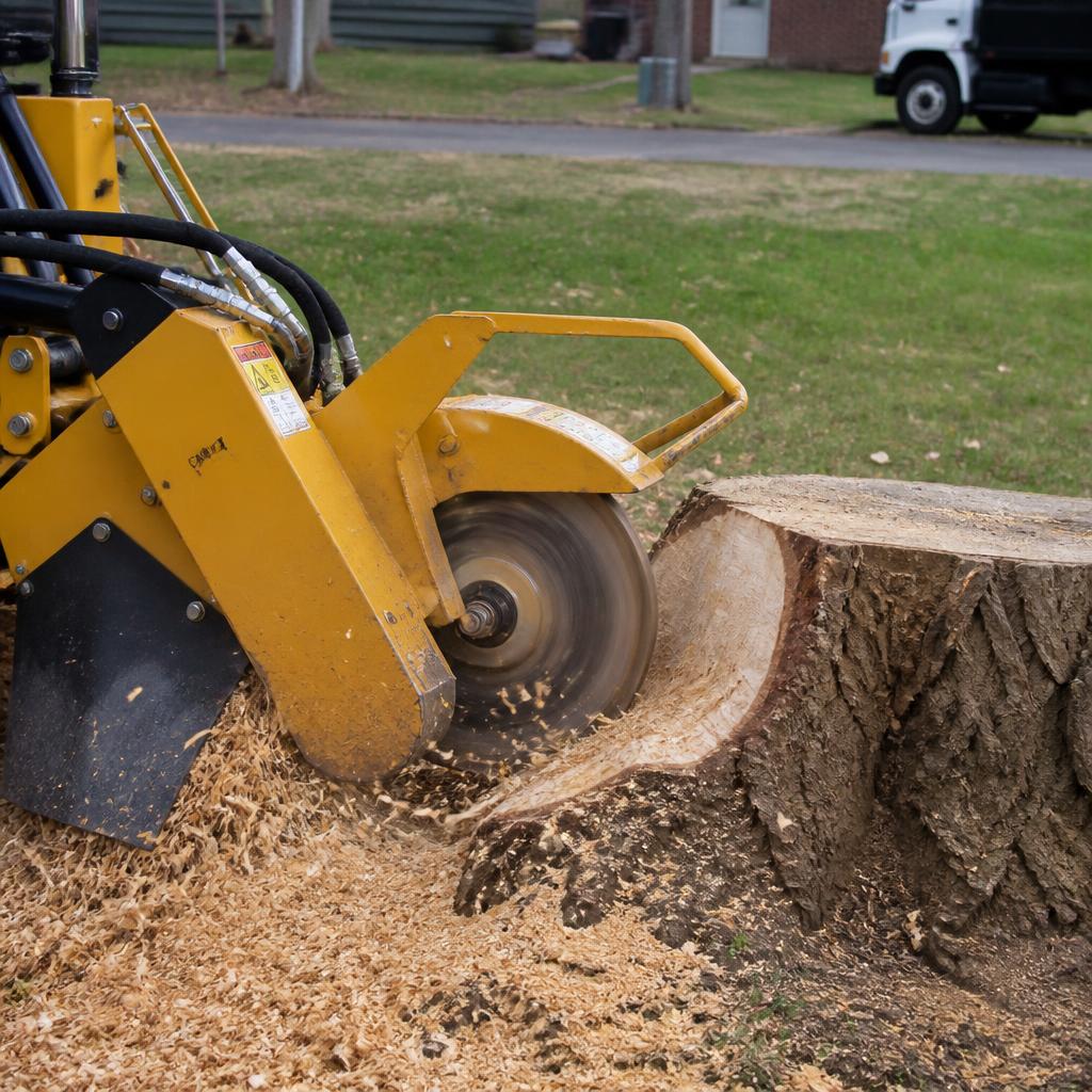 Stump grinding machine grinding a large tree stump in a Draper, Utah backyard