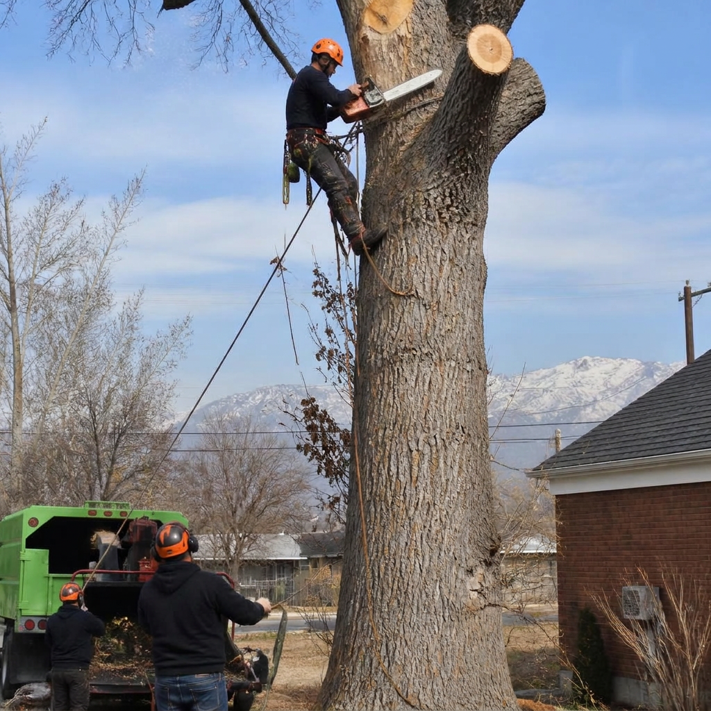 Storm-damaged tree being removed from a Utah home after a canyon wind storm