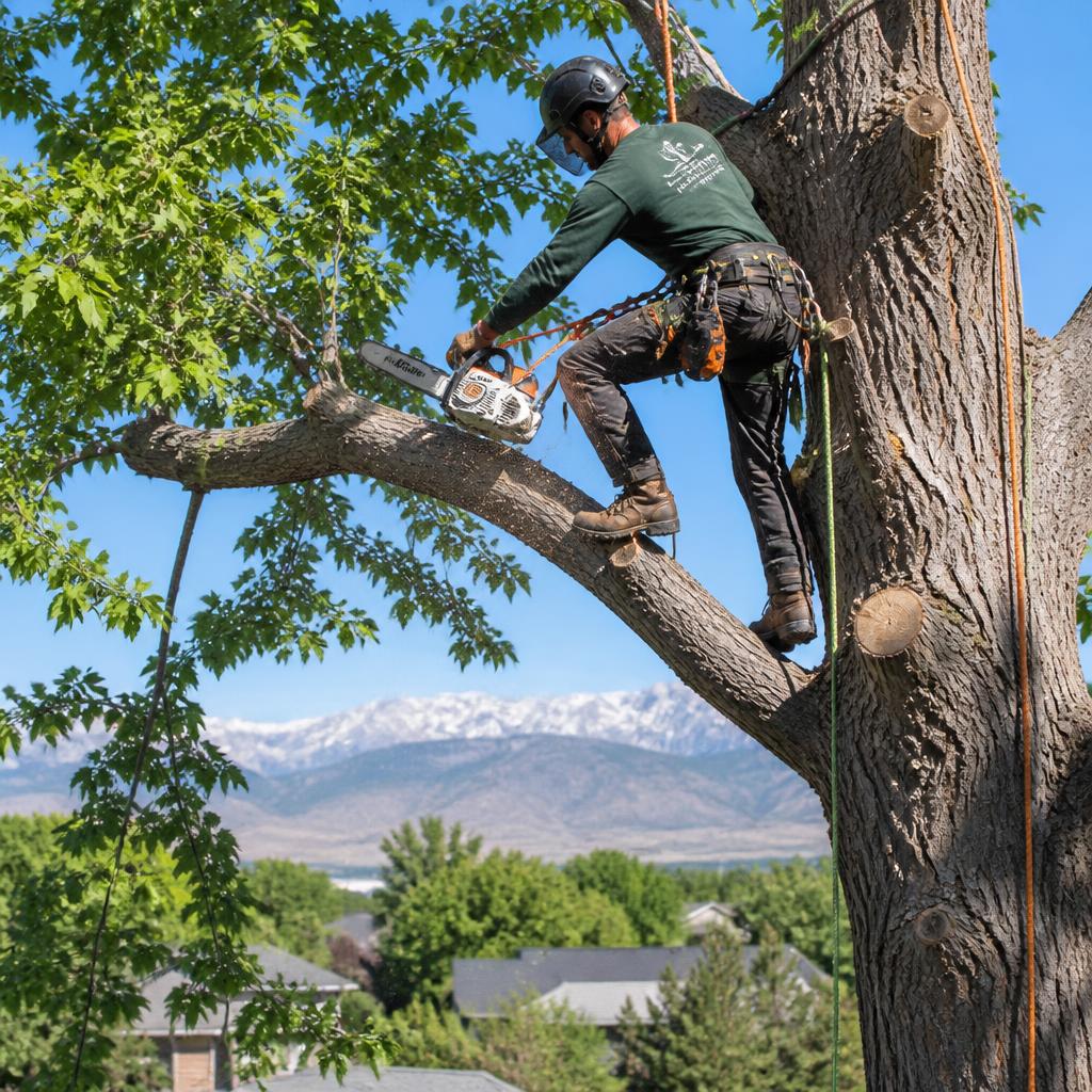Arborist providing tree trimming service in a Utah residential front yard